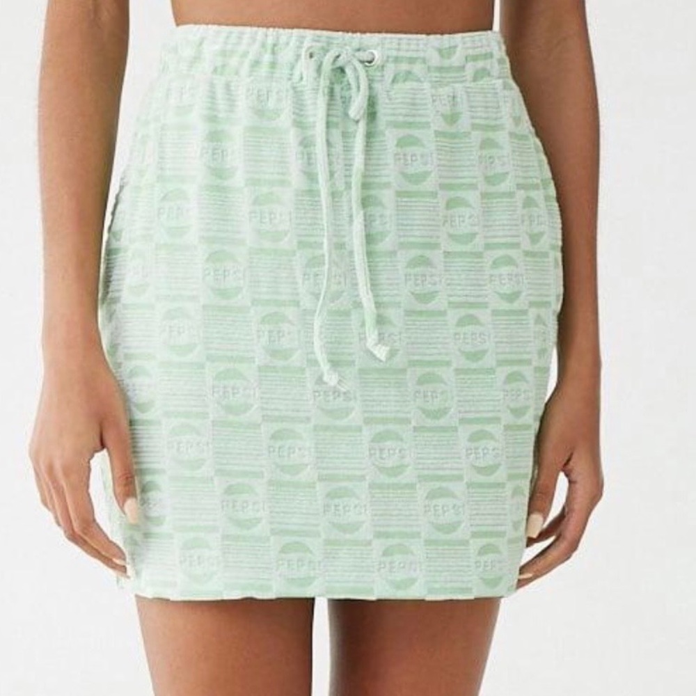 Pepsi X Forever 21 Womens checkered velour green mini skirt retro style